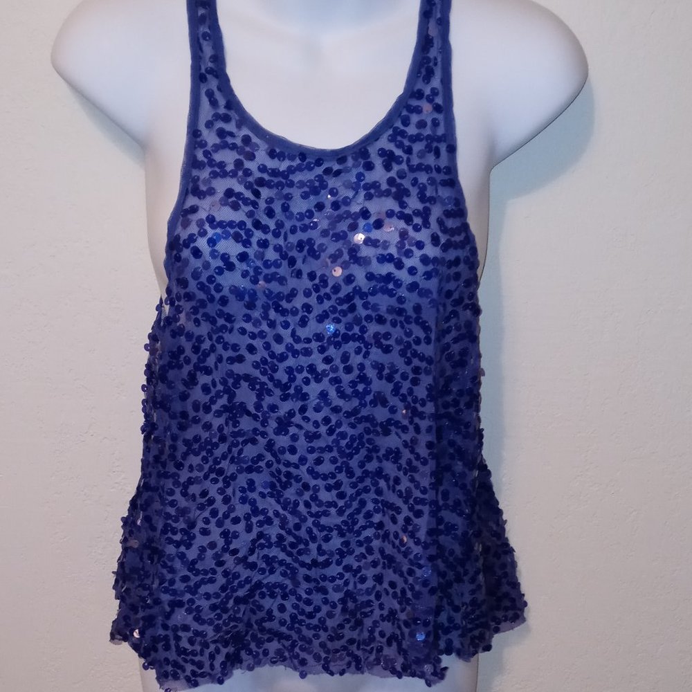 Blue Sheer Sparkly Sequin Racerback Tank Top Size Medium  -  Free People